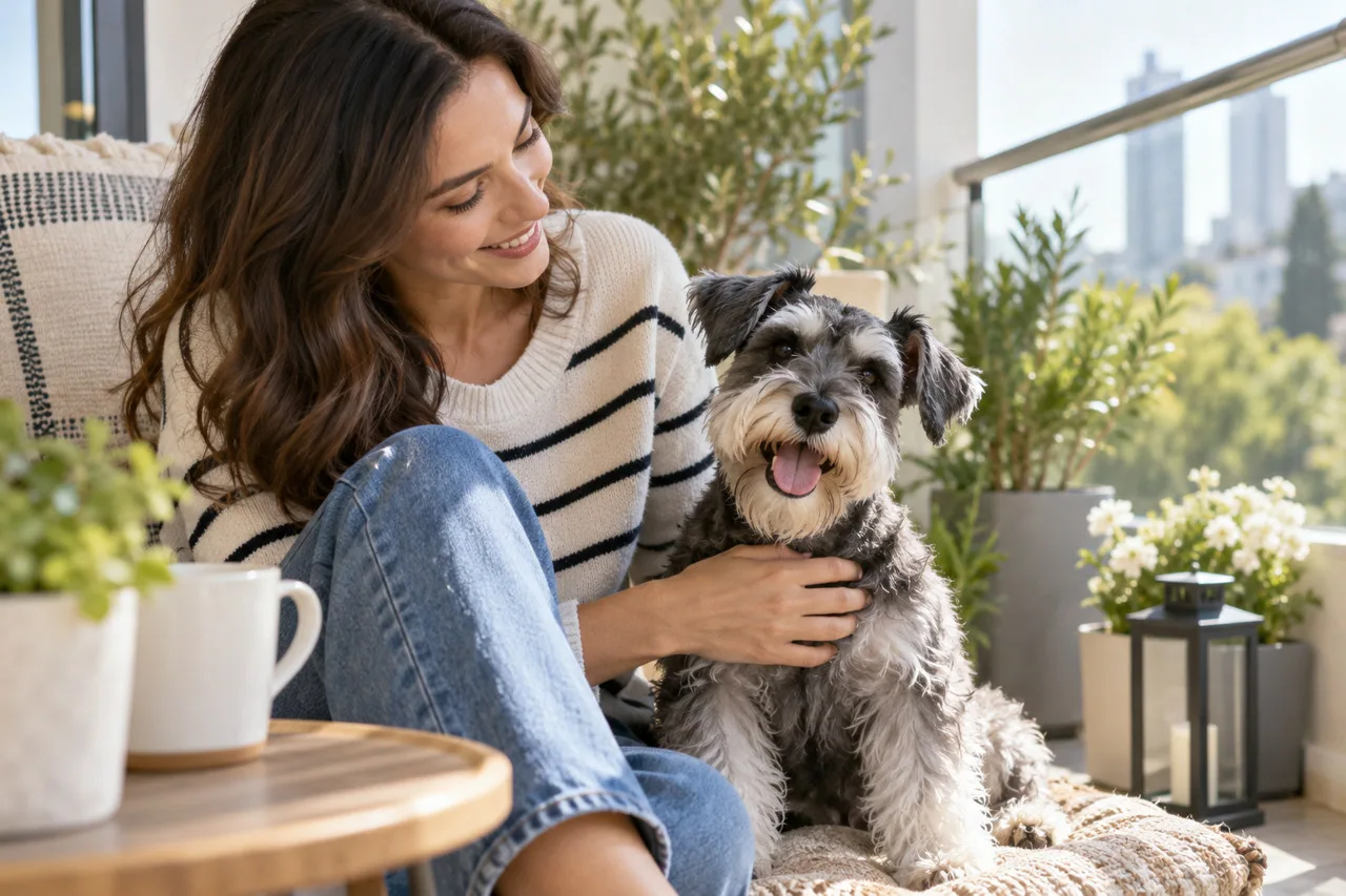 Owner sitting outdoors with a dog